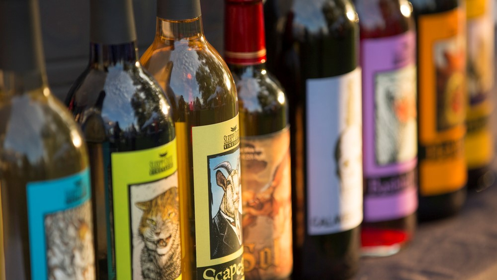 Wine bottles lined up at Sleepy Creek Winery.
